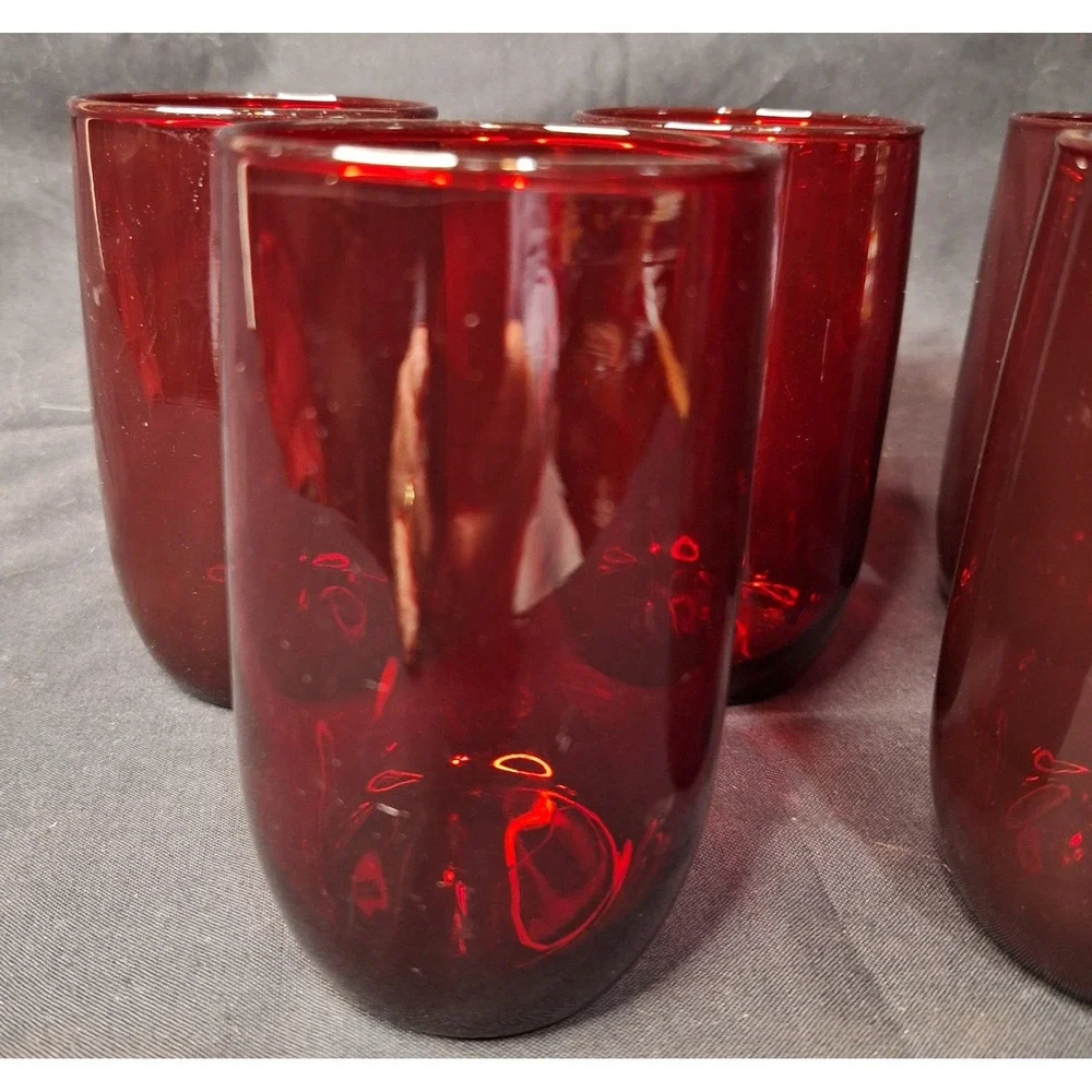 Set of 7 Ruby‎ Red Glass Tumblers Vintage Minimalist Drinking Glasses 4.25 Inch